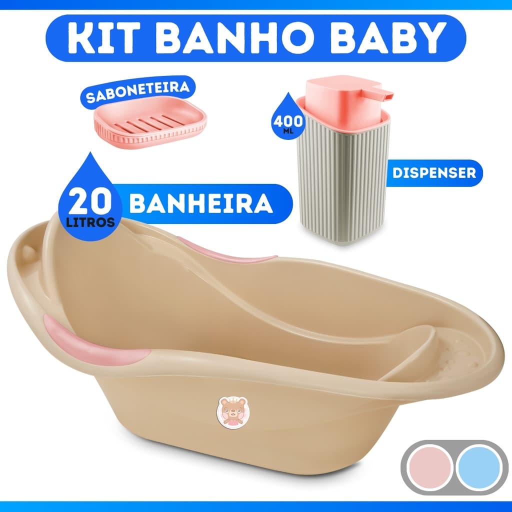 Kit Banho Infantil Completo Banheira Dispenser Saboneteira c/ Escorredor Bebê - PROMOÇÃO