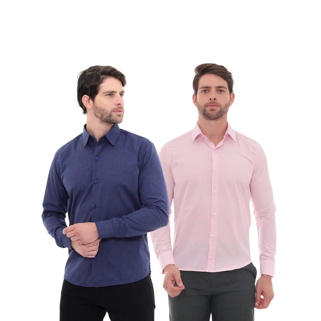 KIT Masculino 2 Peças - Camisa Social Premium Tipo Linho Azul Marinho e Camisa Social Slim Rosa