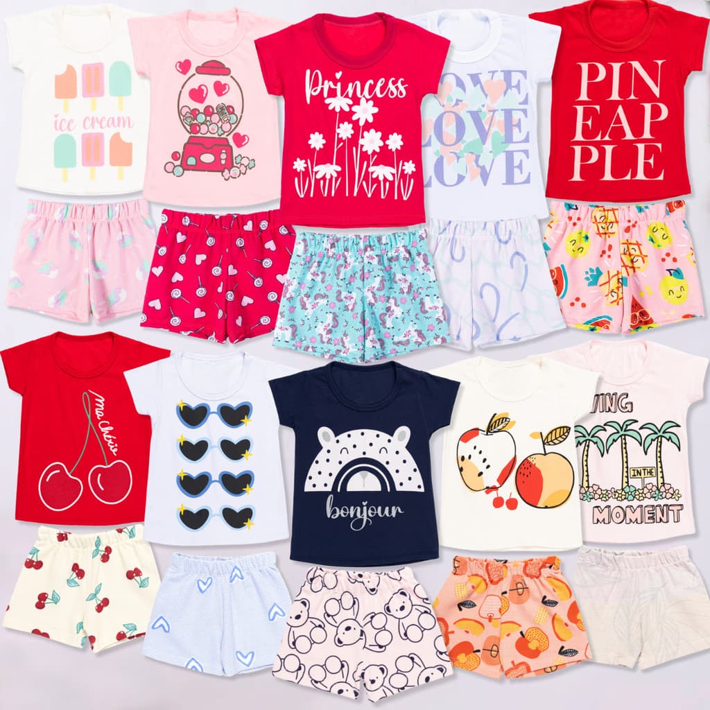 Kit 10 Peças Roupa Infantil Verão Menina - 5 Conjunto Calor Moletinho Criança e Bebe Feminino 5 Camiseta 5 Short