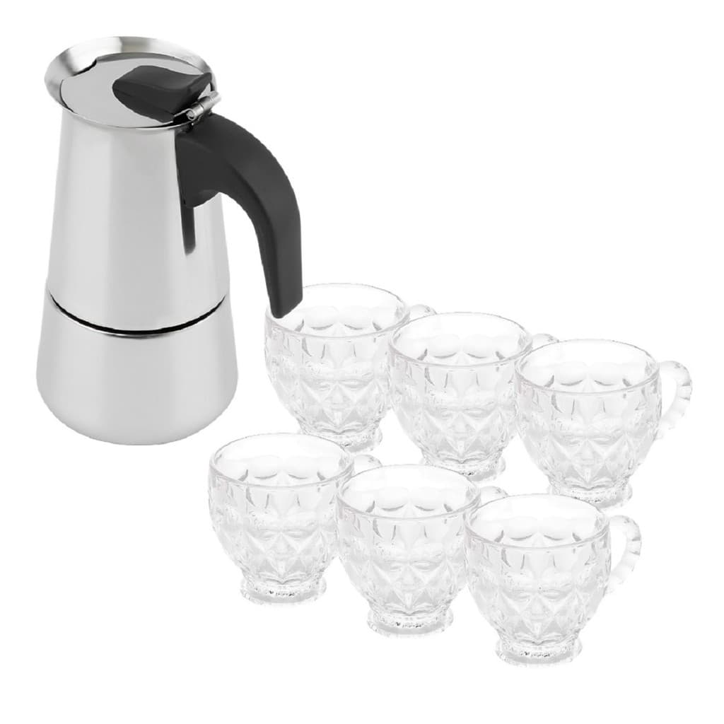 Kit Cafeteira Italiana Moka 450ml com 6 Xícaras de Vidro 200ml – Conjunto Completo para Preparar e Servir Café Expresso