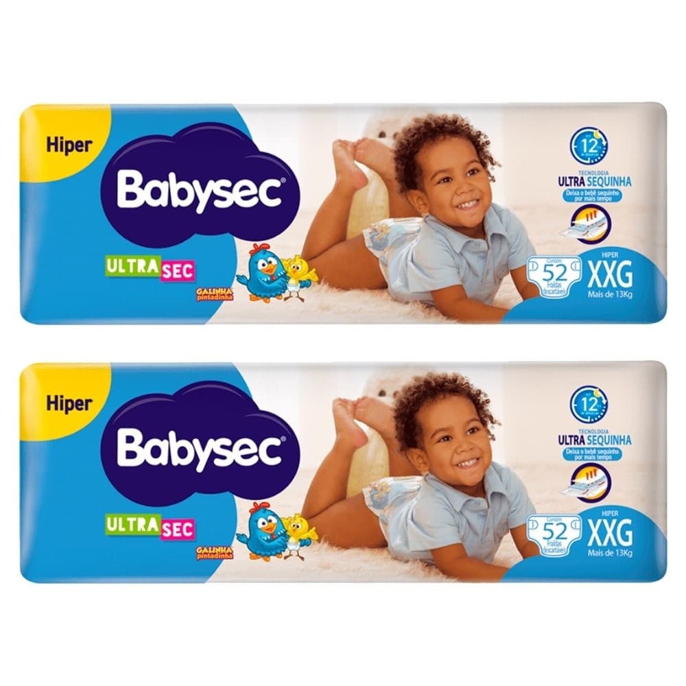 Fralda Descartável Babysec Ultra Hiper Tamanho XXG - 2 Pacotes com 52 Fraldas - Total 104 Tiras
