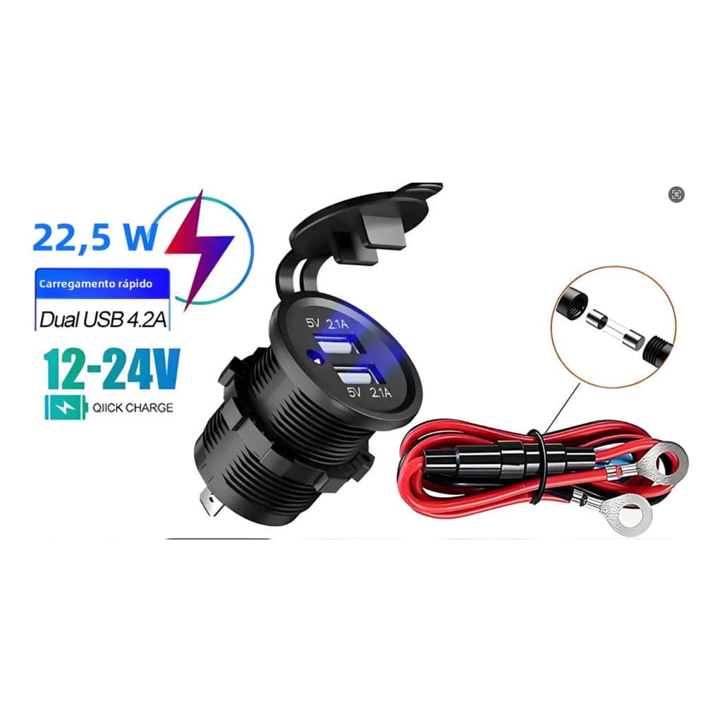 Tomada De Veicular Com 2 Portas Usb 2.1a - 12v-24v 18w