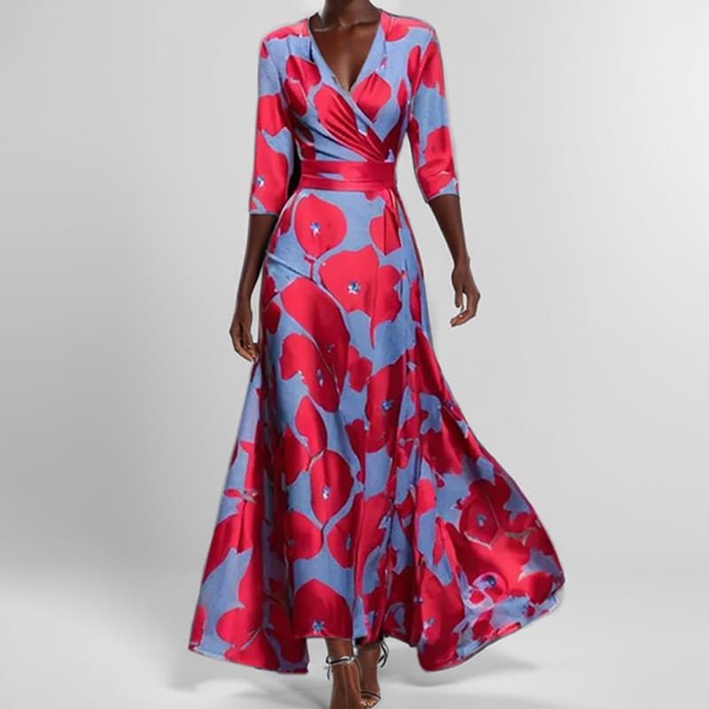 Novo estilo vestido feminino elegante cintura estreita Slim Fit estampado com decote em v vestido longo