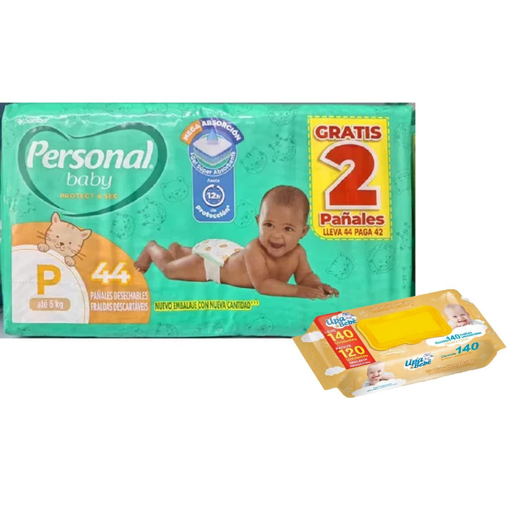 Kit higiene bebê Fralda Personal Protect & Sec P c/ 44 fraldas e Lenço Umedecido Upa Bebê