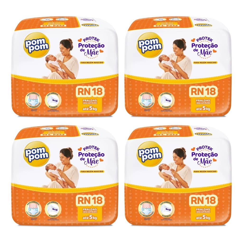 Kit 4 Fraldas Infantil Pom Pom Jumbinho Tamanho Rn C/ 18 Un