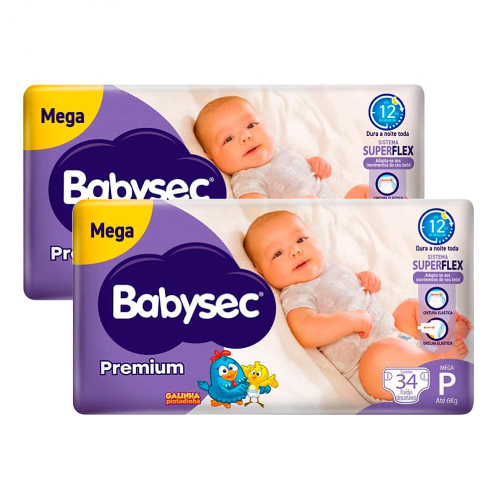 Kit 2 Fralda Babysec Premium Tamanho P com 34 Fraldas Descartáveis