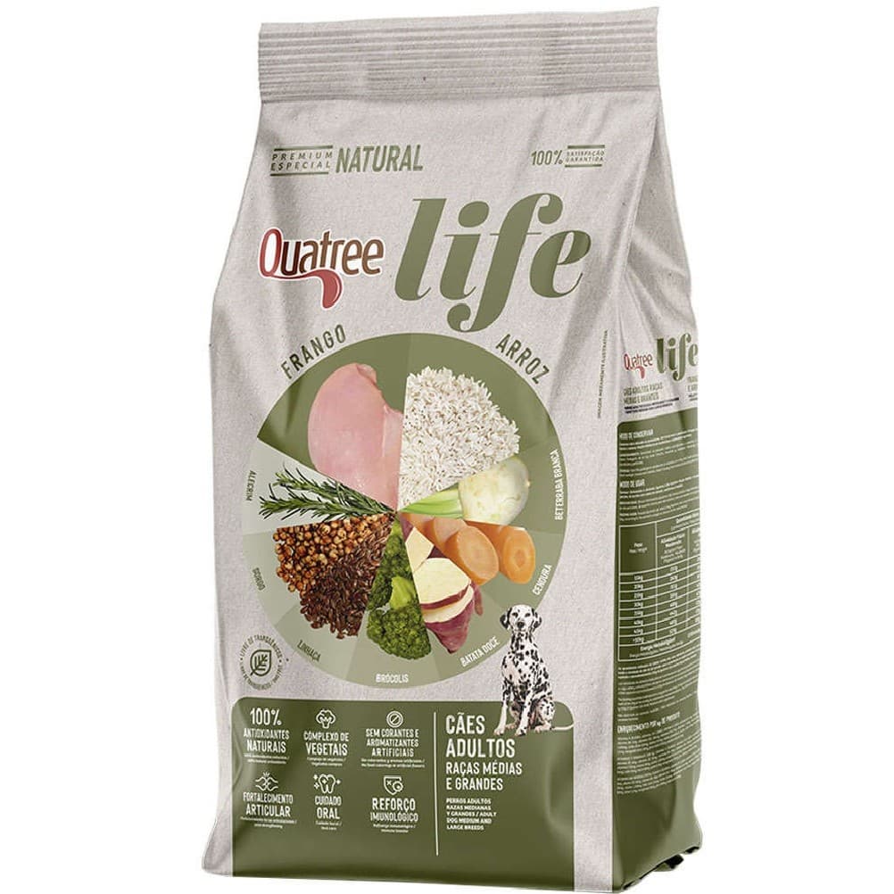 Ração Seca Quatree Life Sem Transgênicos Premium Natural Para Cães Adultos Raças Médias e Grandes Frango/Arroz 20kg