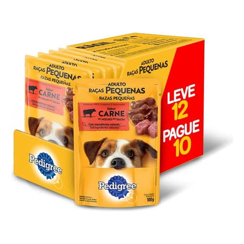 Kit 12 Sachês Pedigree 100g Cães Adultos Raças Pequenas Ração Úmida Carne Molho Alimento Cachorro