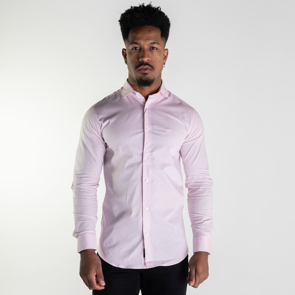 Camisa Social Masculina Algodão Slim Rosa Manga Longa