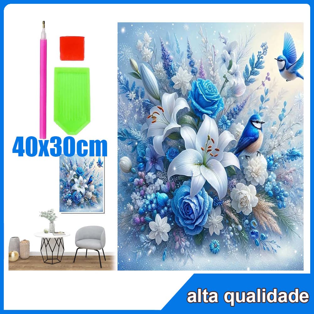40x30cm Flores azuis e pássaros Quadrado Pintura Diamante 5D Pintura de Diamante Pintura Com Diamante A Óleo Decorativa