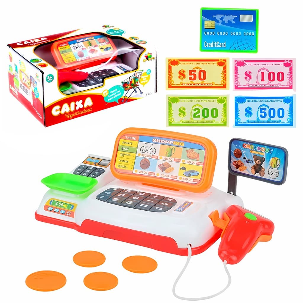 Brinquedo Caixa Registradora Infantil Educativa Com Dinheiro De Mentirinha Scanner E Acessórios