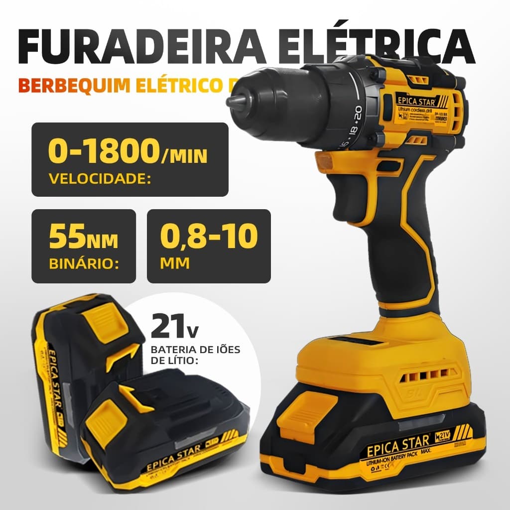 Furadeira e parafusadeira profissional sem escovas de 25 V - torque alto de 55 Nm, kit completo