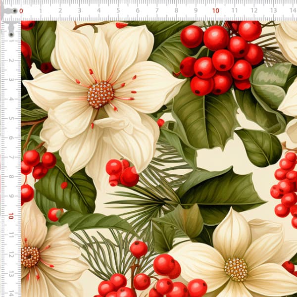 Tecido Sarja Impermeável Floral Bege Natalino Artesanato Patchwork Costura Criativa DIY