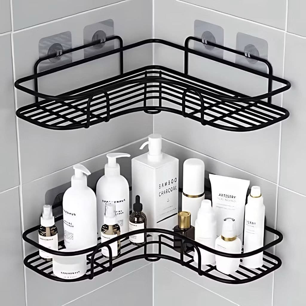 Kit Prateleira Banheiro Cozinha Suporte de Parede Metal Para Shampoo com Adesivos Não Precisa Furar