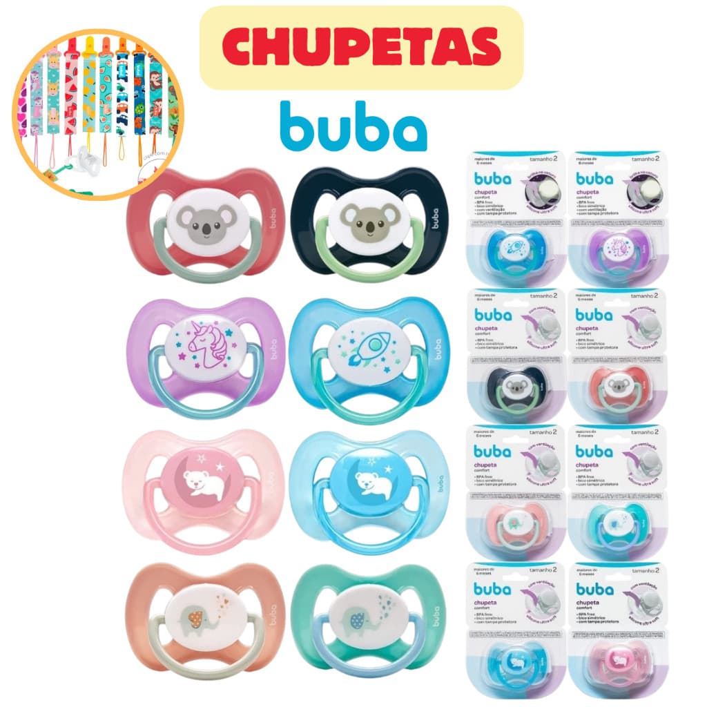 Kit 2 Chupetas bebe - BUBA bico Silicone Confort Ultra Soft 0a6 meses +6meses Tam 1 e 2