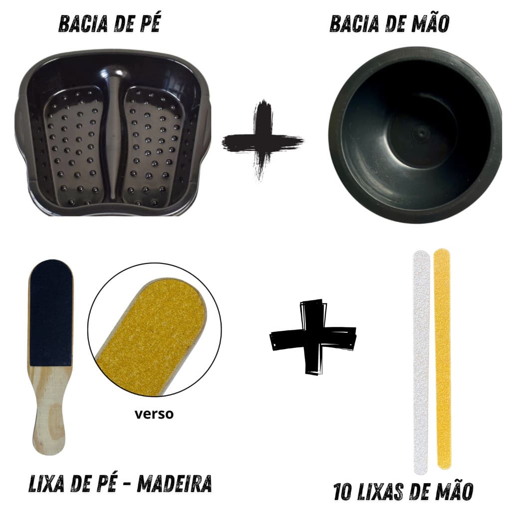 KIT MANICURE E PEDICURE COMPLETO/ BACIA DE PÉ + BACIA DE MAO + LIXA DE MADEIRA + 10 LIXAS DE MAO