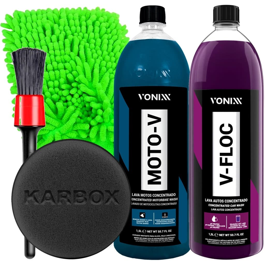 Kit Produto para Lavar Carro Moto Kit Shampoo Moto-V e Lava Autos V-Floc 1,5L Luva Microfibra e Acessórios Karbox