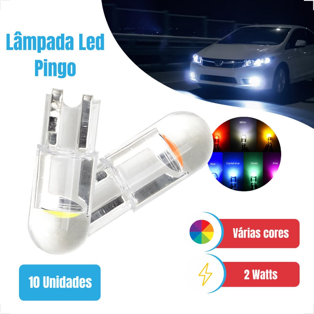 Kit 2-10 Lâmpada Led Pingo T10 9mm 23mm 0,36w 0,03A-DC12V Diversas Cores Iluminação Carros Moto Xtro