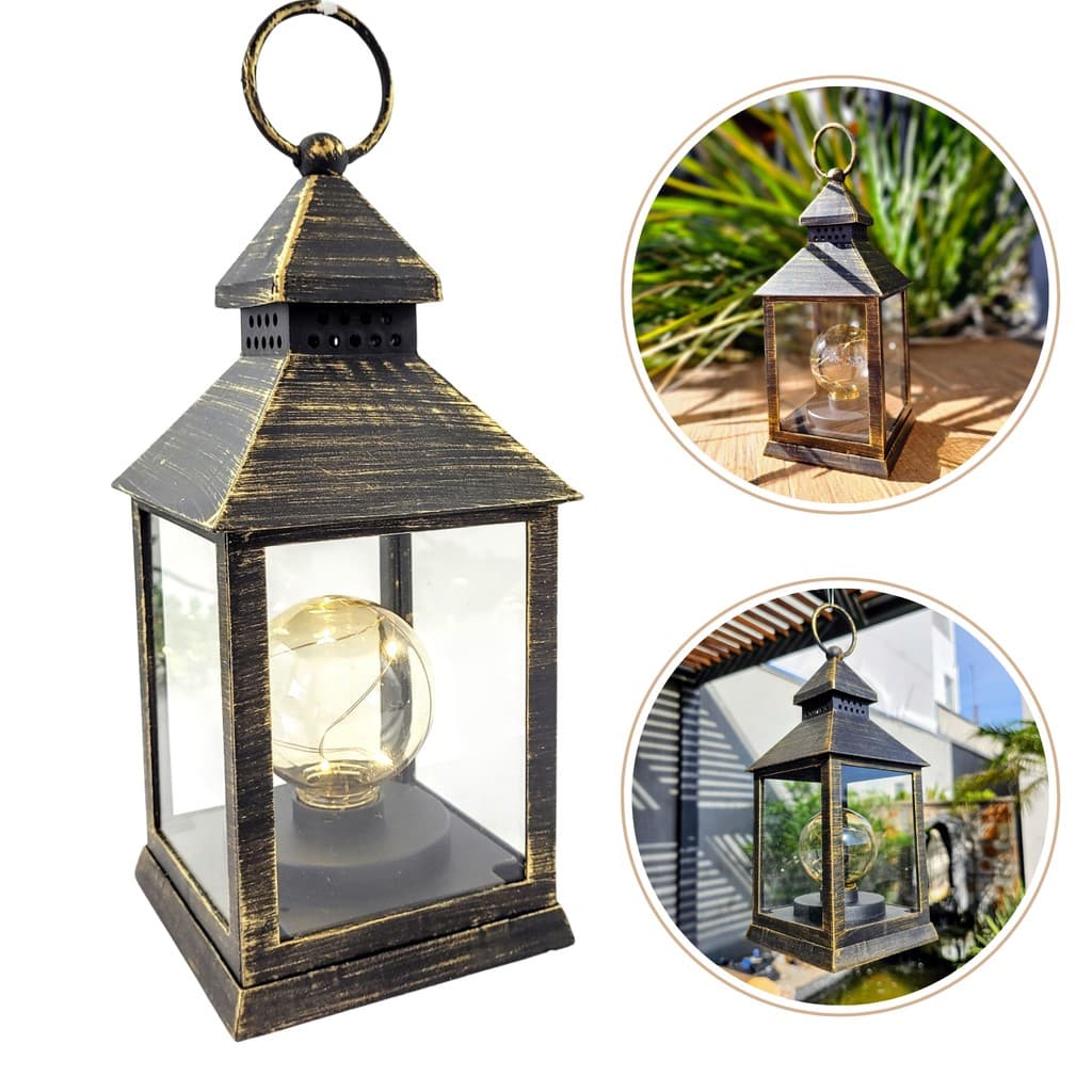 Lanterna Marroquina Decorativa 23cm com Fio de Fada LED a Pilha Preta Dourada para Sala Varanda Mesa Festa