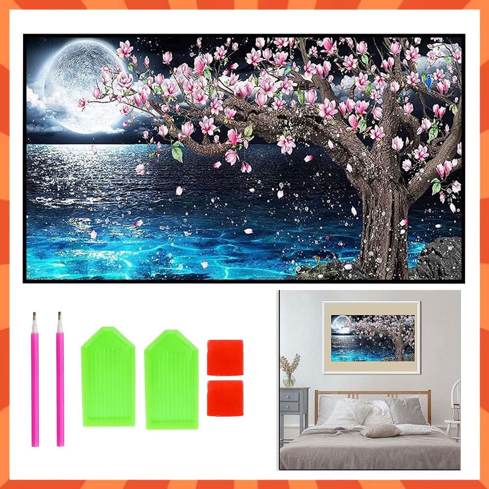 Pintura artística de diamante 5D, DIY, lago lua, redondo broca pontos, kits de pintura para adultos, decoração de parede