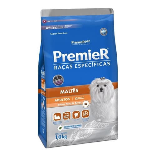 Ração Premier Raças Específicas Maltês Cães Adultos Porte Pequeno Peru e Arroz 1kg Alimento Cachorro
