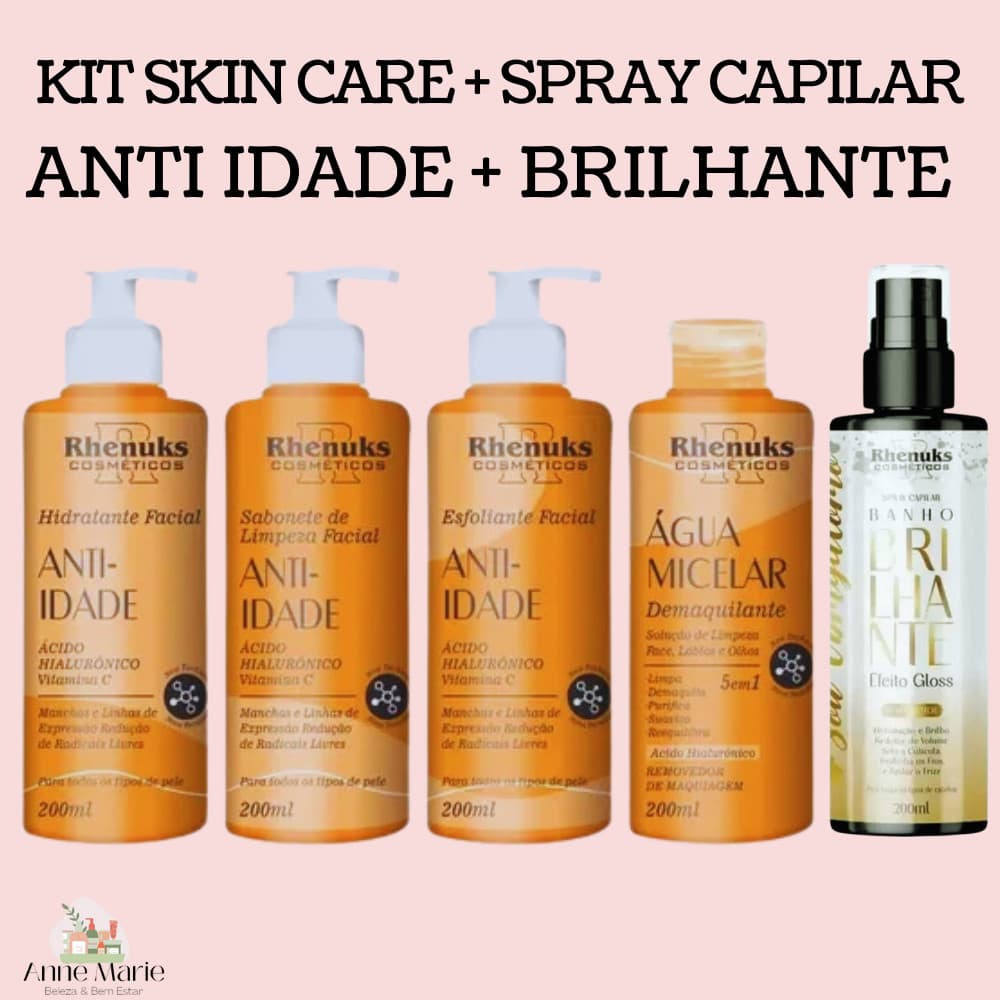 KIT SKIN CARE ANTI IDADE + SPRAY BANHO BRILHANTE EFEITO GLOSS