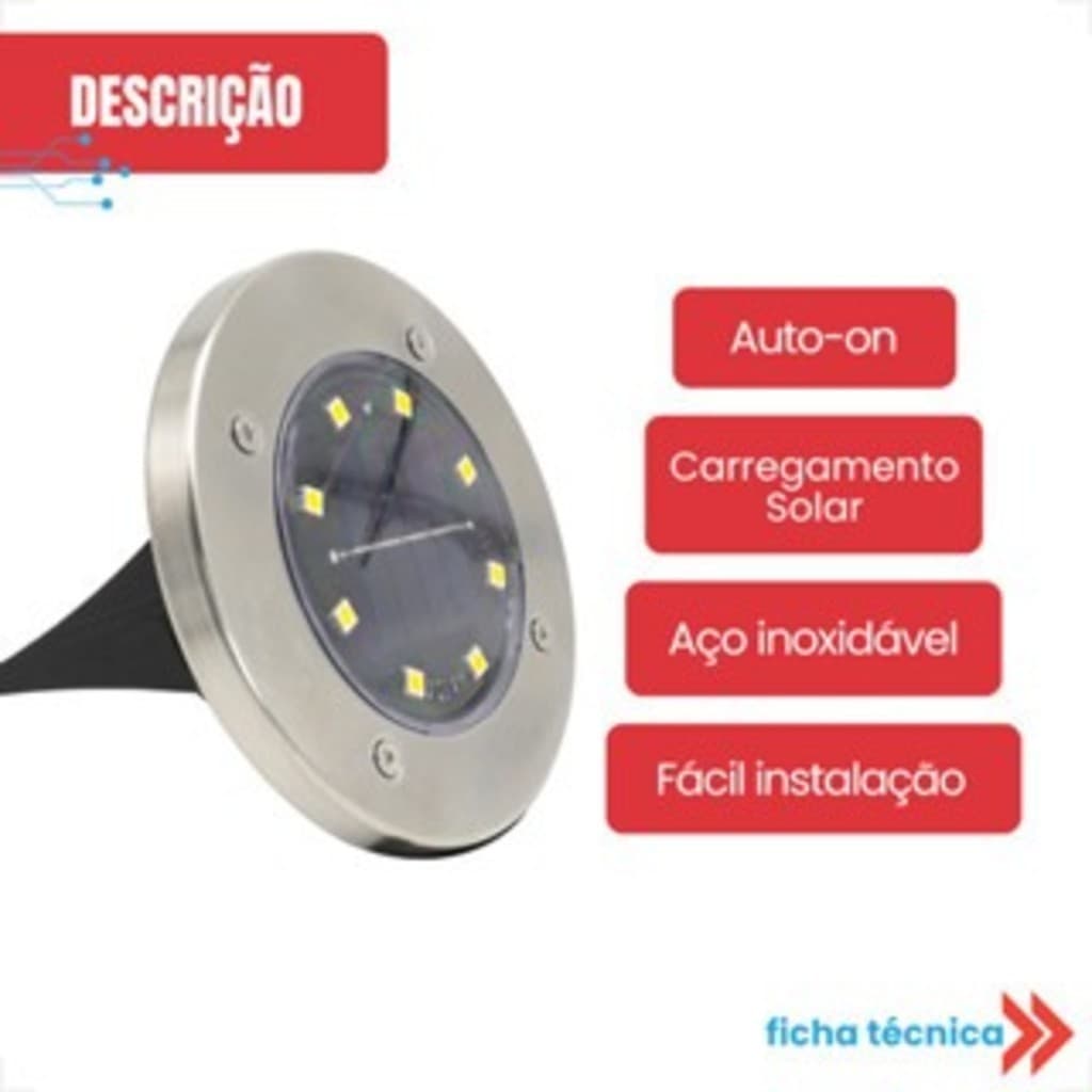 KIT 4-12 Luminária Balizador Solar Led Espeto Branco Quente 3000K Metal Jardim Redondo SEVEN