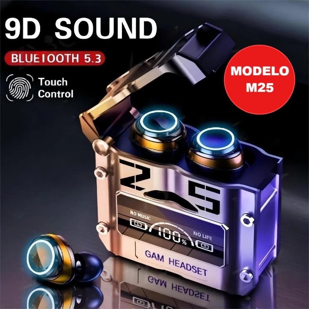 Fone De Ouvido Bluetooth Sem Fio 5.3 TWS M25 Resistente a água Stereo Sports Earbuds LED Microphone