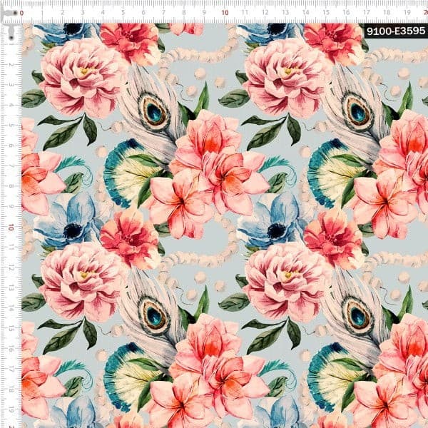 Tecido Tricoline Digital Floral e Pérolas Costura Artesanato Patchwork Pano DIY Ateliê