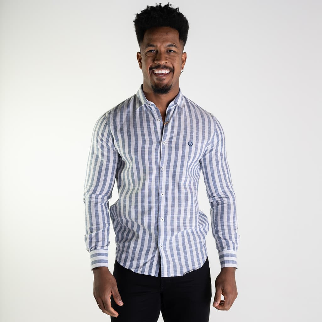 Camisa Social Masculina Slim Algodão Listrada Azul