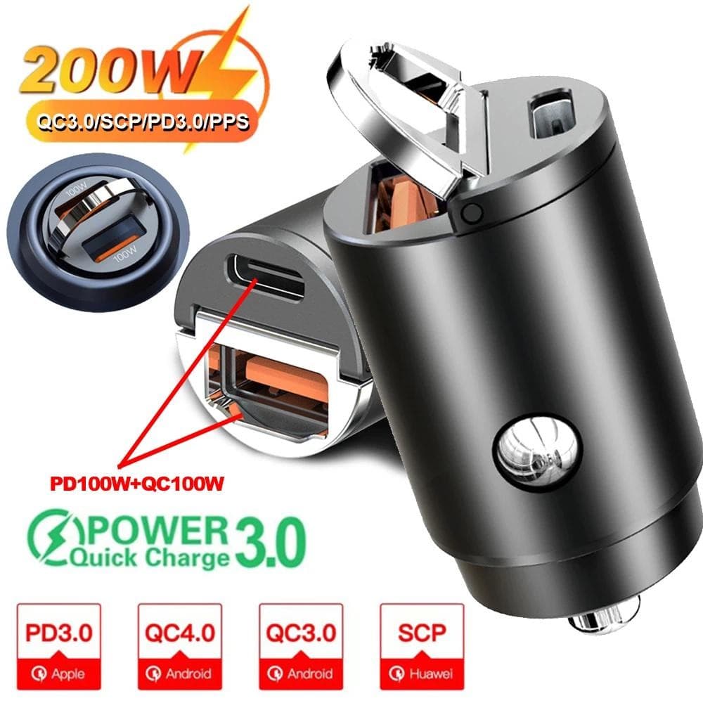 Mini 200W PD QC Puxar Anel De Carregamento Rápido Carregador Carro USB C Adaptador Telefone Do Para iPhone 13 12 Xiaomi 
