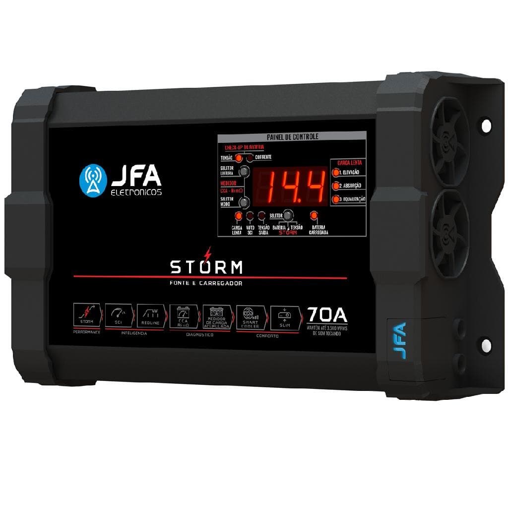 Fonte JFA Storm 70A Bivolt Carregadora Bateria Para Som Automotivo Trio Paredão Festa Show