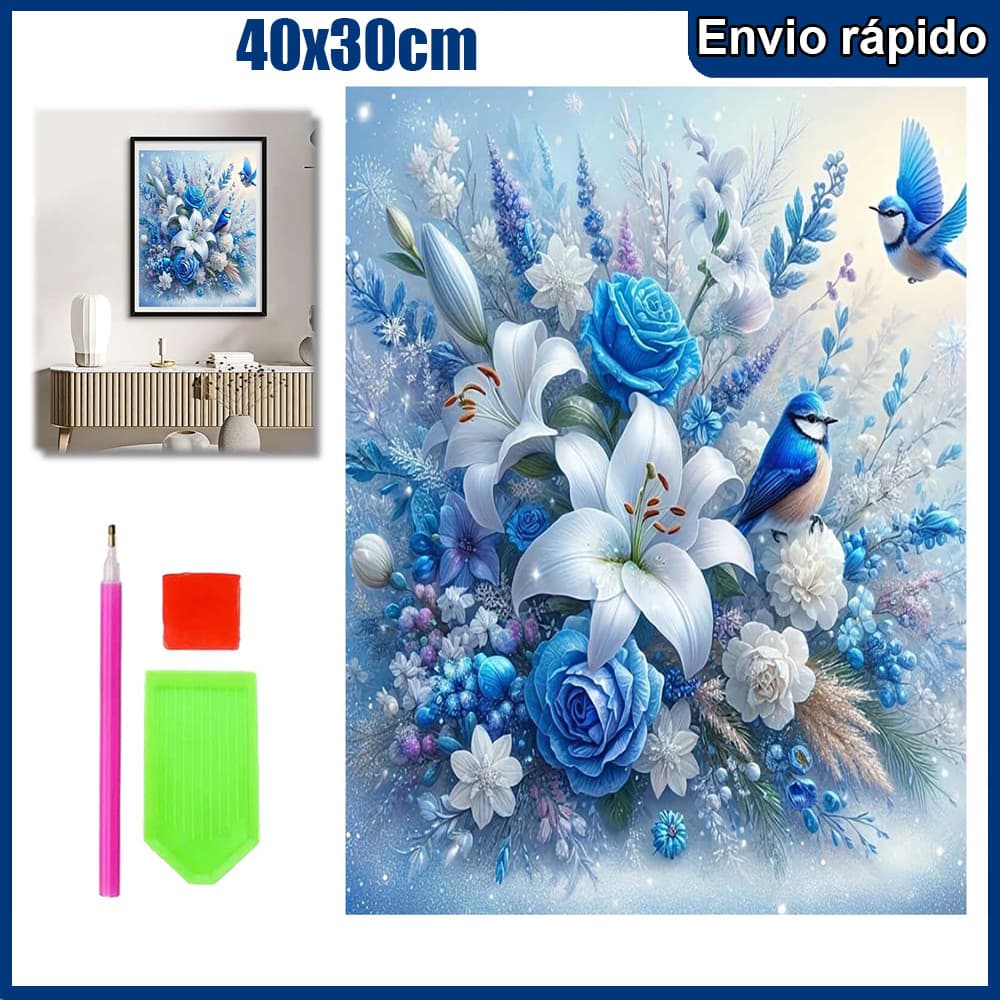 40x30cm Flores azuis e pássaros Pintura Diamante 5D Pintura de Diamante Kits De Pintura Diamante Para Adultos Quadrado