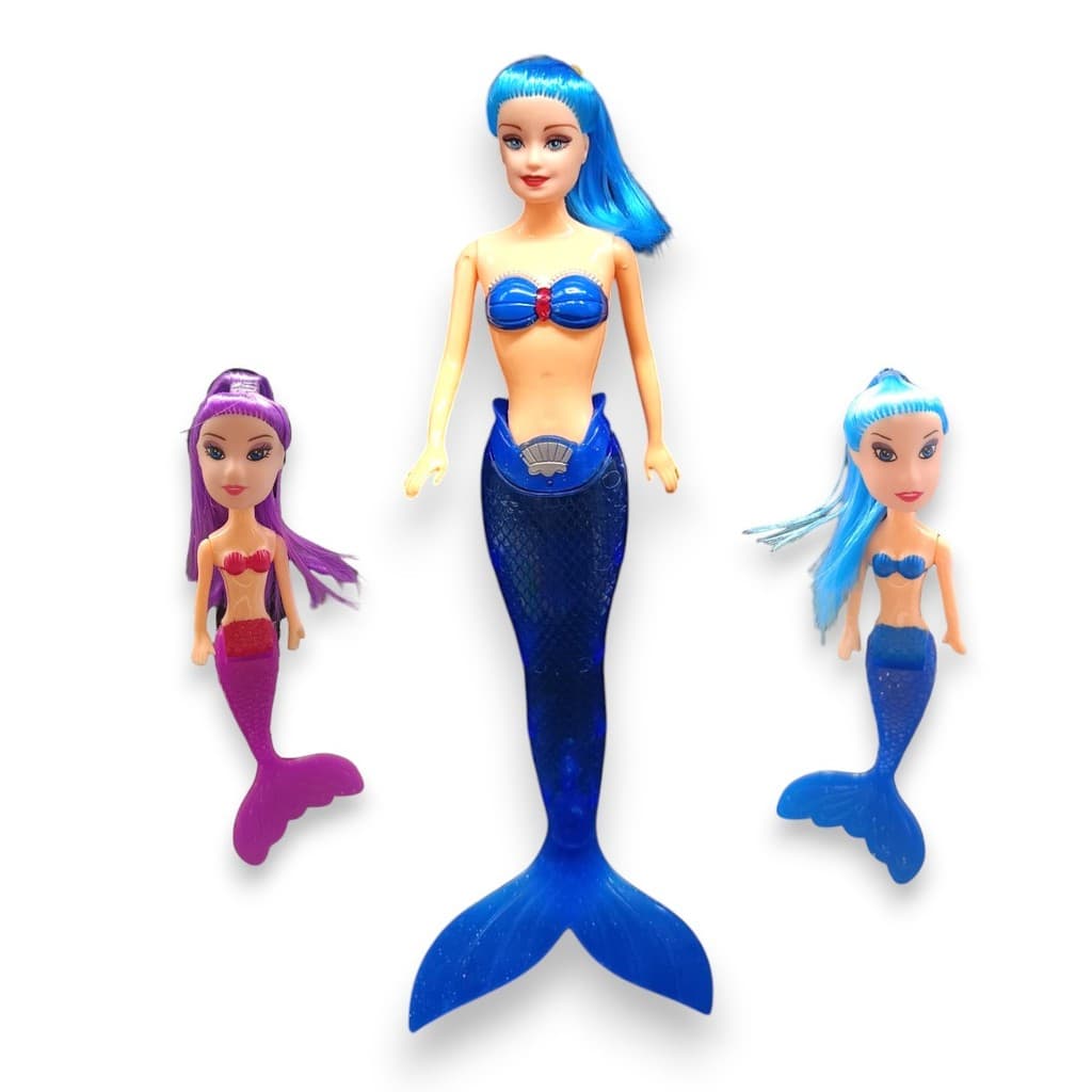 Boneca sereia mãe e filha articulada com luz - 1 boneca Barbie sereia + 2 mini sereia