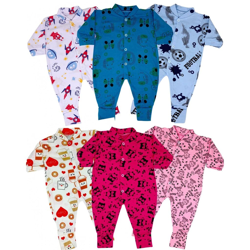 KIT COM 04 MACACÃO BEBÊ MENINO MENINA ESTAMPADO COM VIRA PÉ - MALHA 100% ALGODÃO – ENXOVAL ROUPAS DE BEBÊ