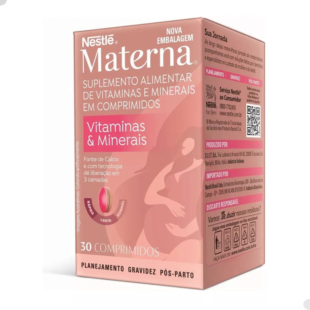 Materna Nestlé 30 Comprimidos Suplemento Vitamínico Gestação Saúde Nutricional Bem Estar Diário