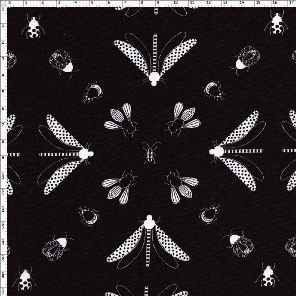 Tecido Estampado para Patchwork - Coleção Insetos Fundo Preto by Lulublu (0,50x1,40)
