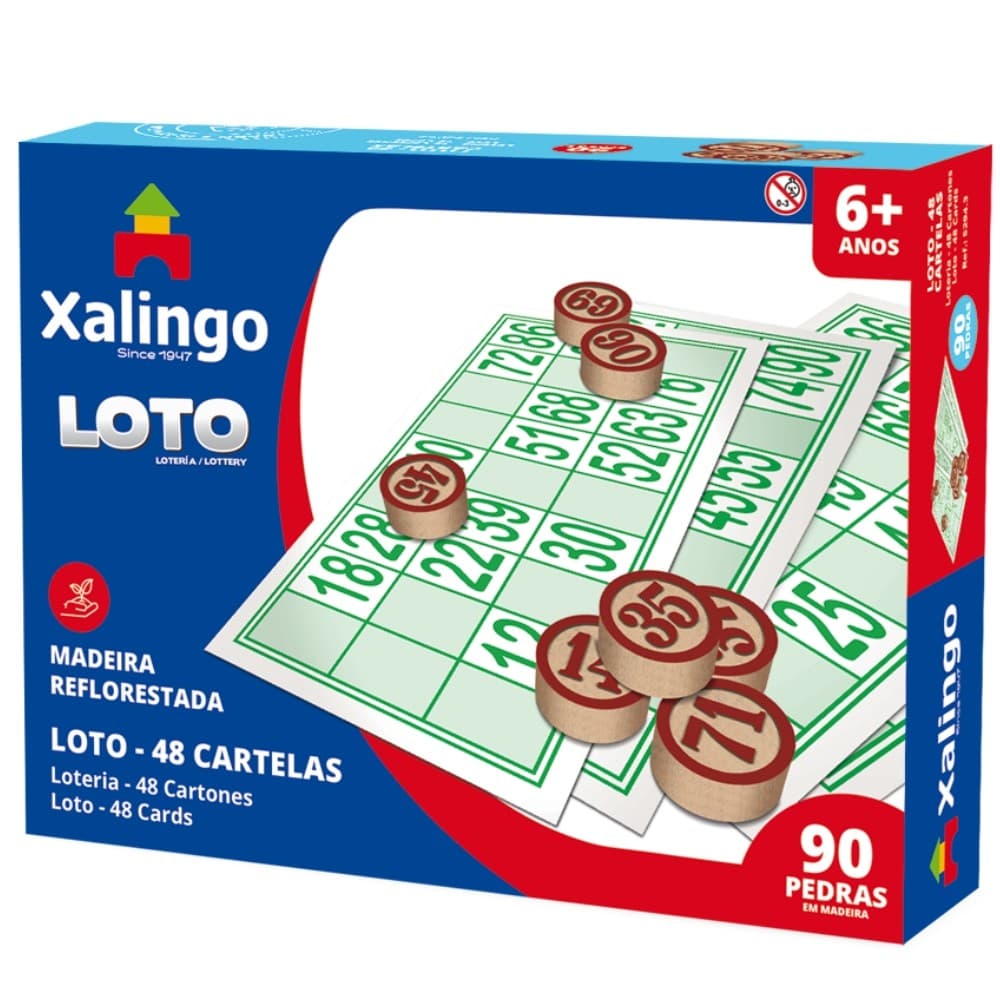 JOGO LOTO 48 CARTÕES XALINGO 90 PEDRAS EM MADEIRAS REFLORESTADA FAMÍLIA CRIANÇA NÚMEROS RACIOCÍNIO