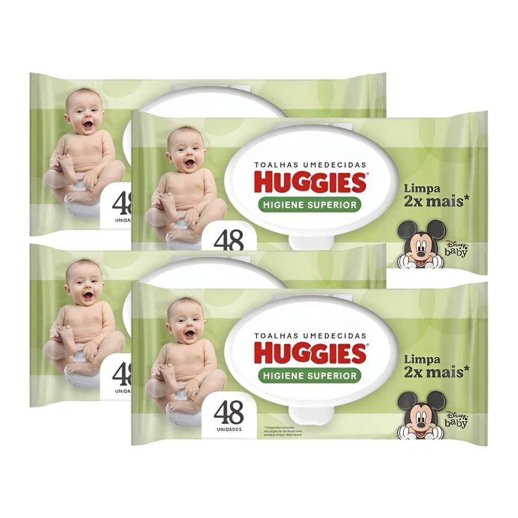 Kit 4x Toalha Lenço Umedecida Huggies Higiene Superior Pacote 48un