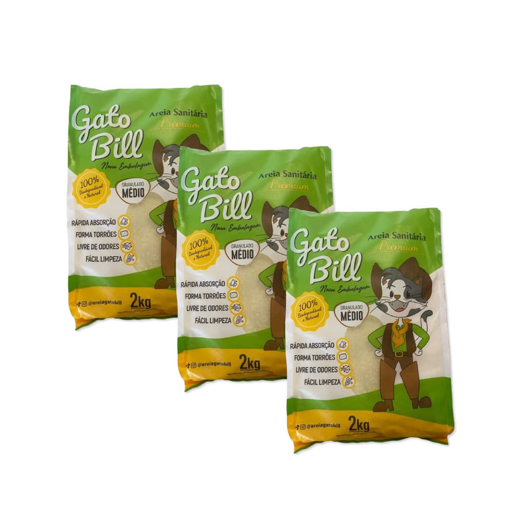 KIT 3X AREIA SANITÁRIA MÉDIO GATOBILL PARA GATO 2KG CONTROLE DE ODOR