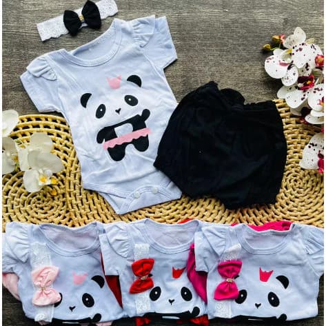 Conjunto Romper Body de Bebê Menina Temático Mesversario Verão Bory Pandinha Panda Fofo