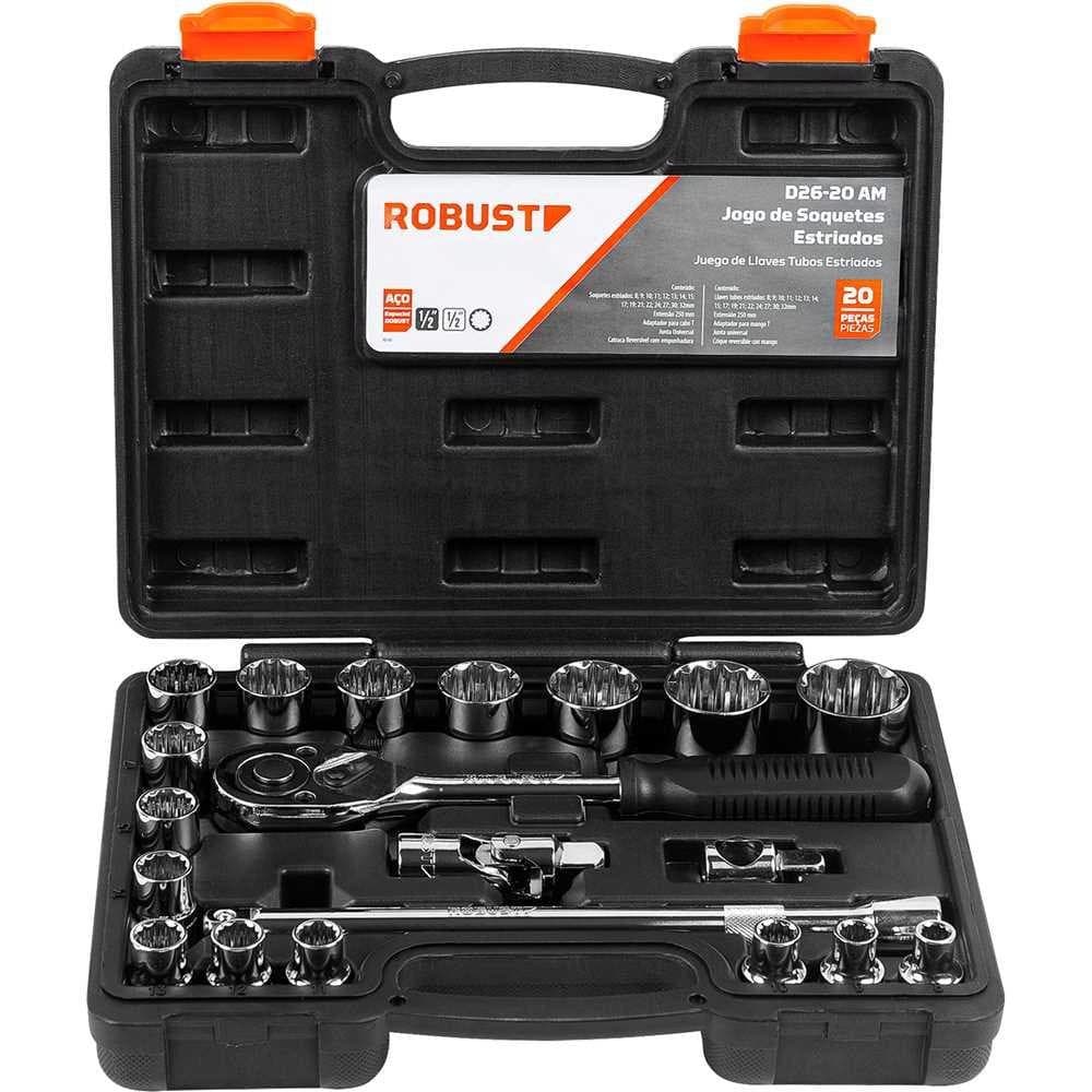 Jogo Soquetes Estriados + Chave Catraca 1/2Pol. Com 20 Pçs + Maleta Robust Organizador Profissional