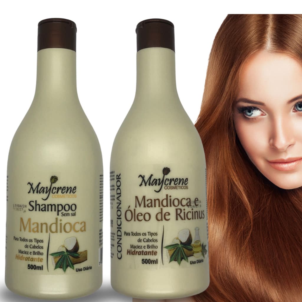 Kit Shampoo + Condicionador 500ml Mandioca Maycrene Repara Fios Danificados e Quebradiços Hidratante