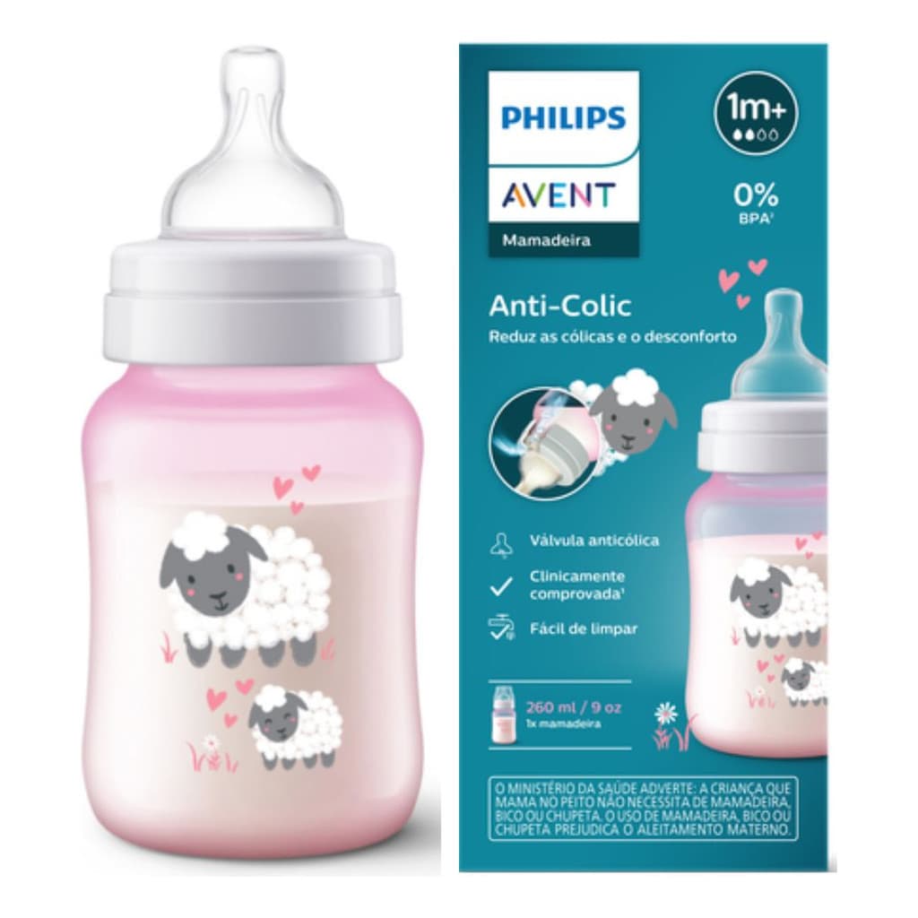 Mamadeira Avent Anticólica 260ml Classic 1m+ Rosa Ovelha