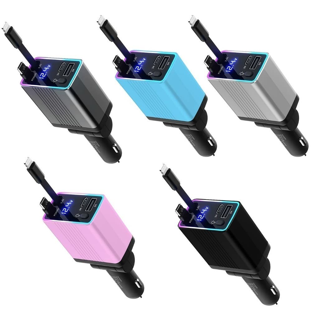 Carregador de carro retrátil carregador rápido de para carro 4 em 1 para iPhone/Android com luz LED Jorge
