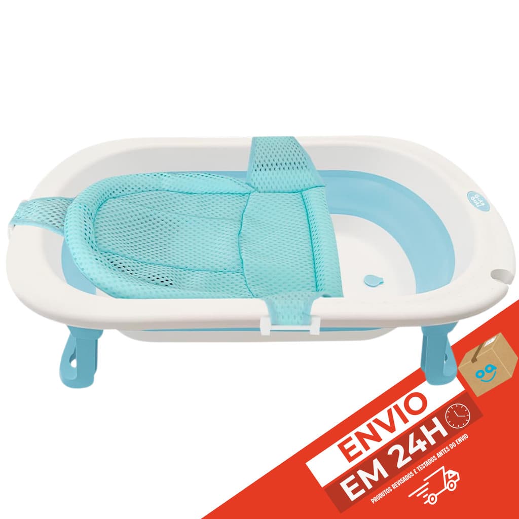 Banheira Bebê Dobrável Portátil Com Almofada Redinha Flexível Azul Banho Bebê