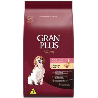 Ração Gran Plus Cães Menu Light Raças Médias e Grandes Sabor Frango e Arroz 15kg