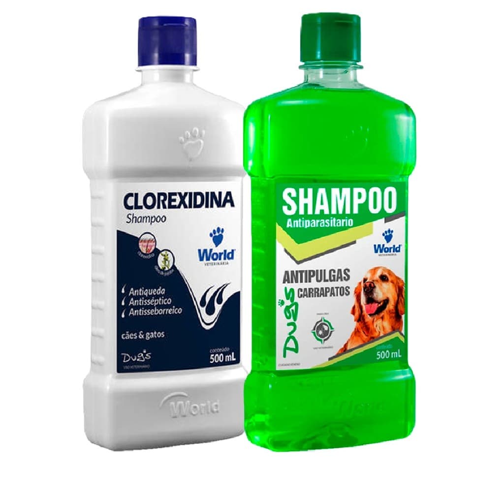 Shampoo Clorexidina ou Shampoo Antiparasitário 500mL ou Sabonete World para Cães e Gatos
