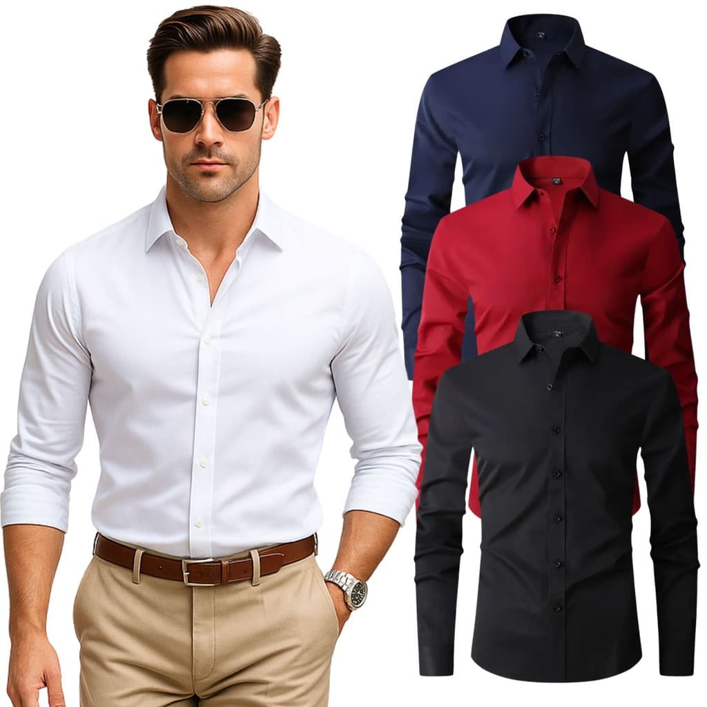 Camisa Social Masculina Manga Longa Slim Tricoline com Elastano Não Amarrota