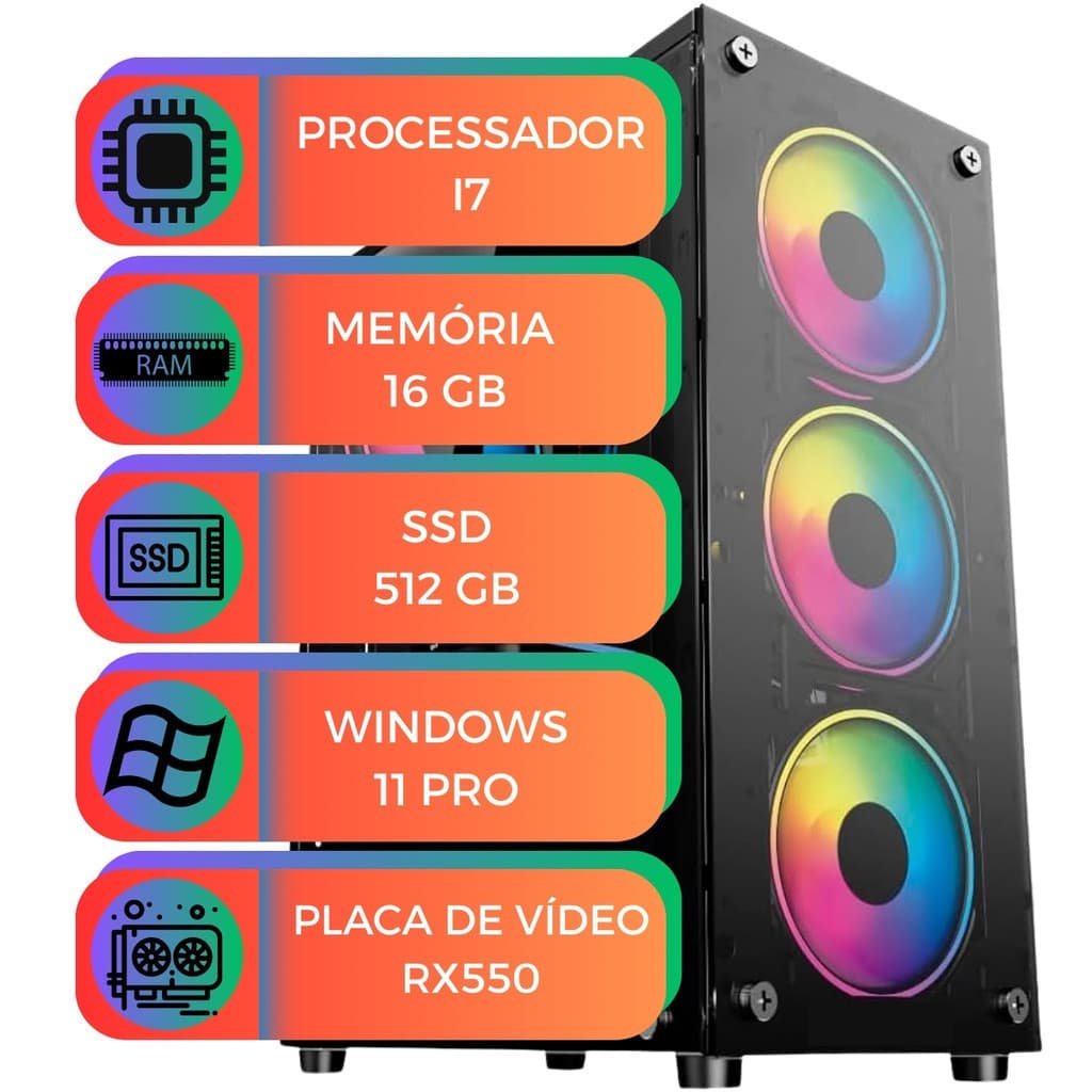 Computador Gamer i7 16GB SSD 512GB RX550  Up Starter Max Rápido Win11 Ideal para Jogos e Estudo